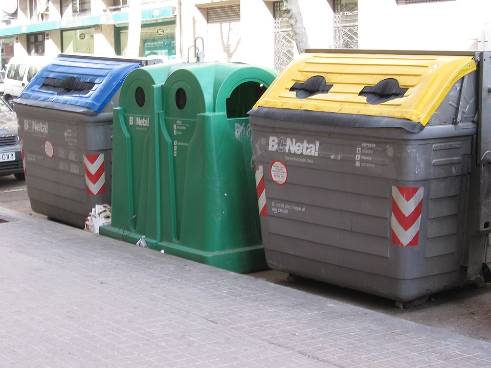 Colour-coded street recycling bins in Barcelona