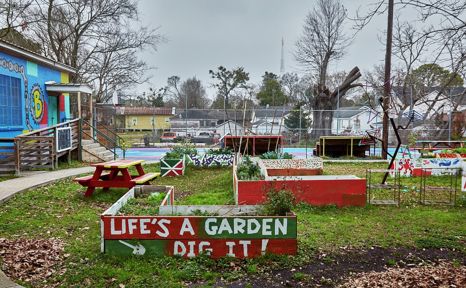 Colourful raised beds in a neighbourhood garden
